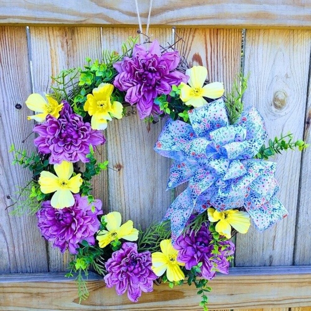 HAND CRAFTED SPRING FLORAL GRAPEVINE WREATH 20" FRONT DOOR DECOR SILK RIBBON